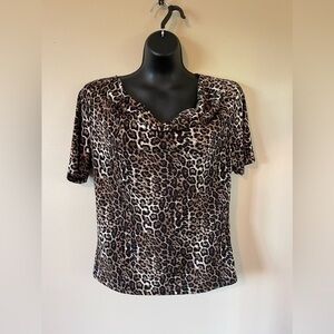Ellen Tracy Animal Print Short Sleeve Blouse with Cowl Neckline Size Small